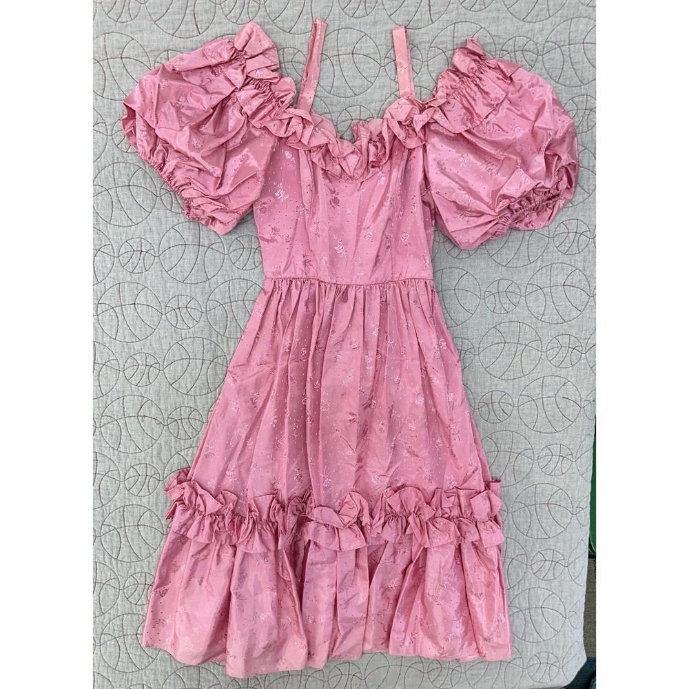 VTG 80s Pink Prairie Dress Puff Sleeve Ruffle Cottagecore Pink Floral Women's XS